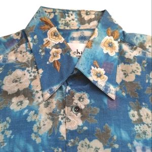 KACHINS Floral Hand Embroidered Custom Made Shirt Blue Turquoise Beige Gold